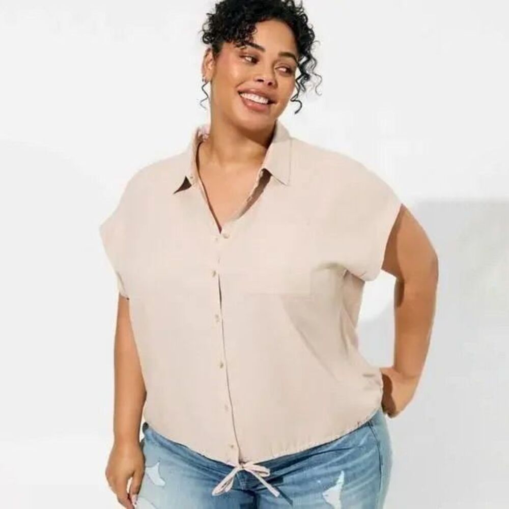 Torrid Pink Linen Blend Button Up Blouse Womens Plus Size 4X Tie Waist Boho Top
